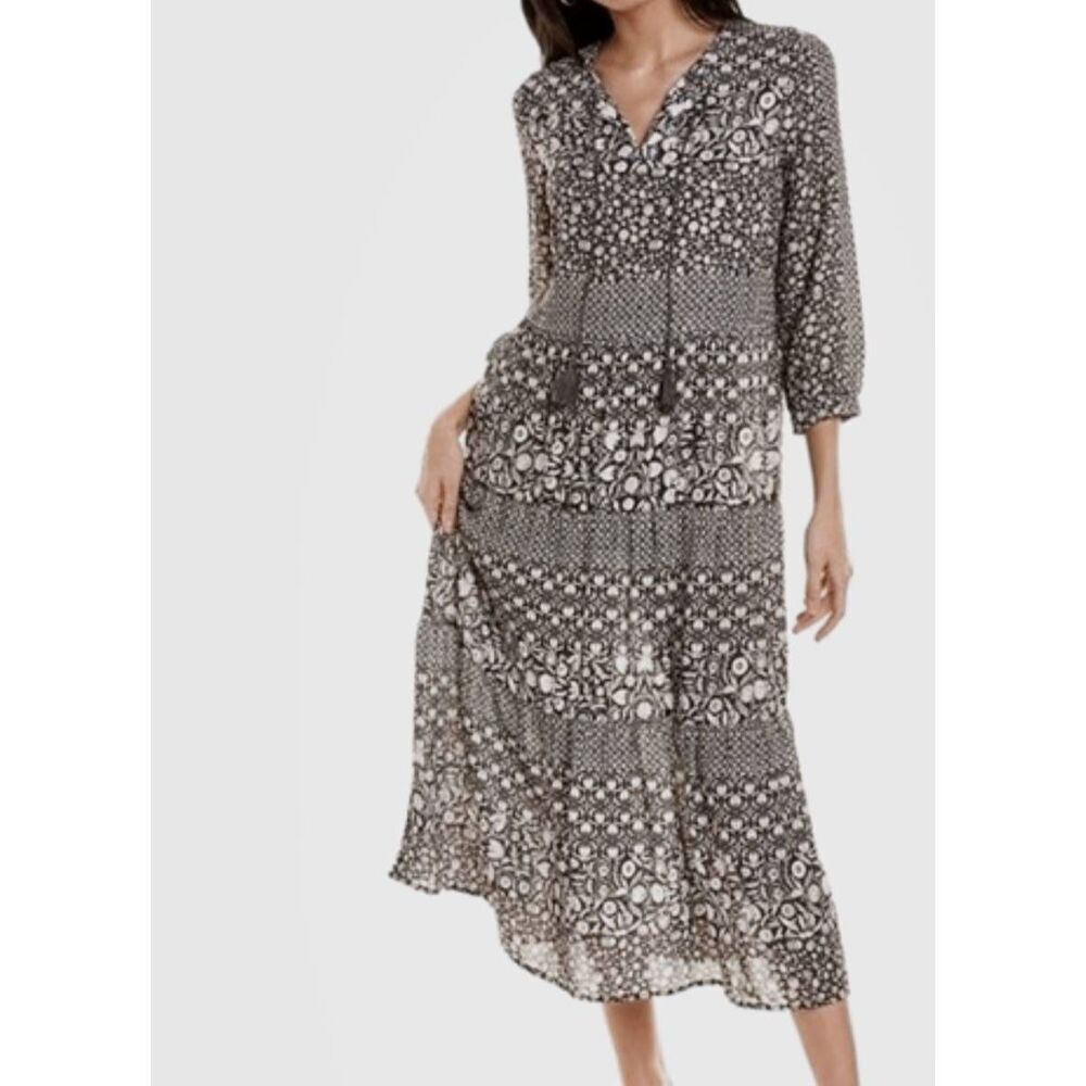 NWOT J. McLaughlin Dress Women's Medium Grey Floral Hortense Tiered Midi Resort